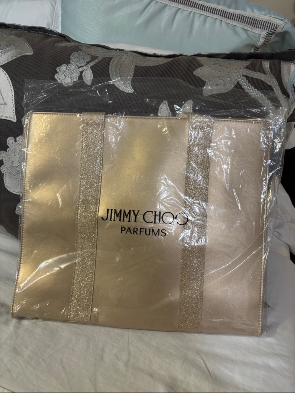 Jimmy Choo Gold Metallic Parfums Tote with Glitter Straps
